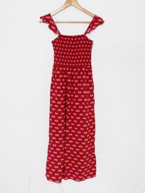 Lark + Grey Red Dotted Smocked Flutter Strap Maxi Summer Dress, Size M